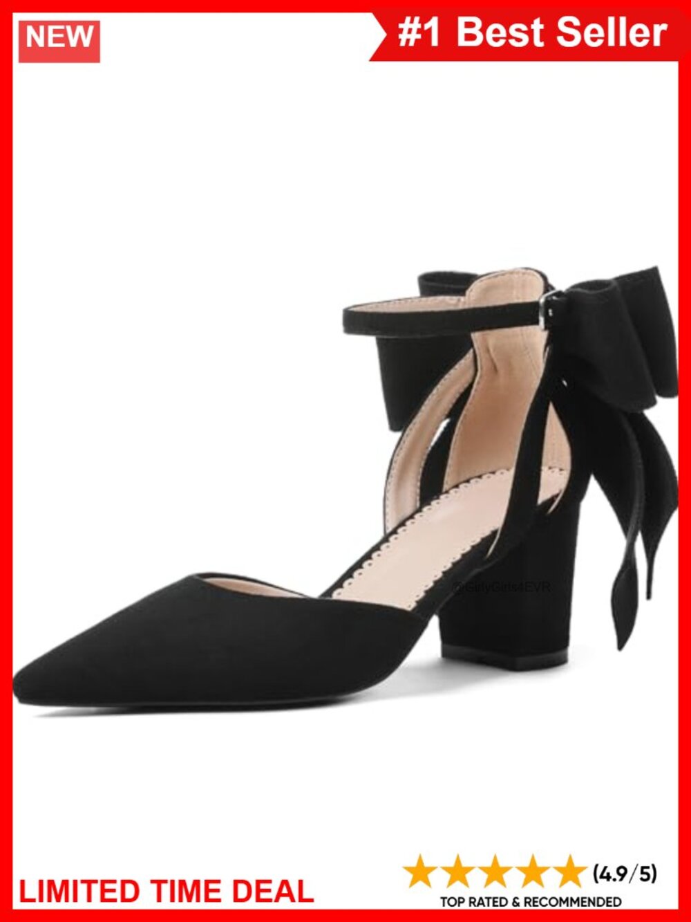 Women's Pointed Toe Bow Ankle Strap Chunky High Heel Dress Wedding Pumps